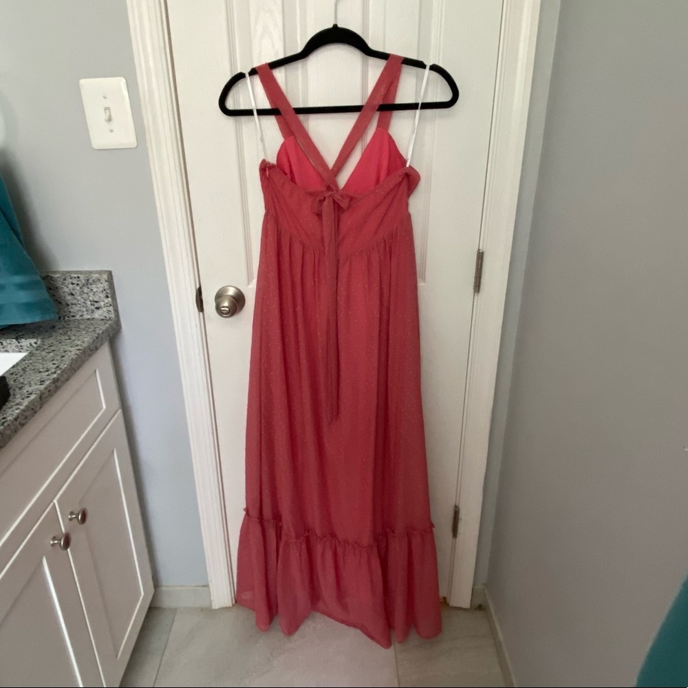 Lulu’s Coral Swiss Dot Tie-Back Maxi Dress - Picture 2 of 4